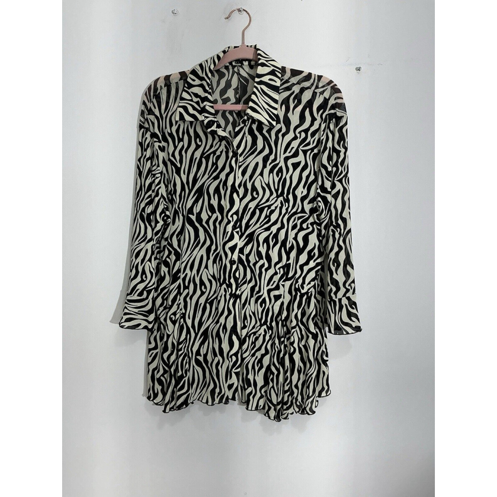 Womans Atmosphere Zebra Print 3/4 Bell Sleeve Button Up Shear Flare Blouse XXL